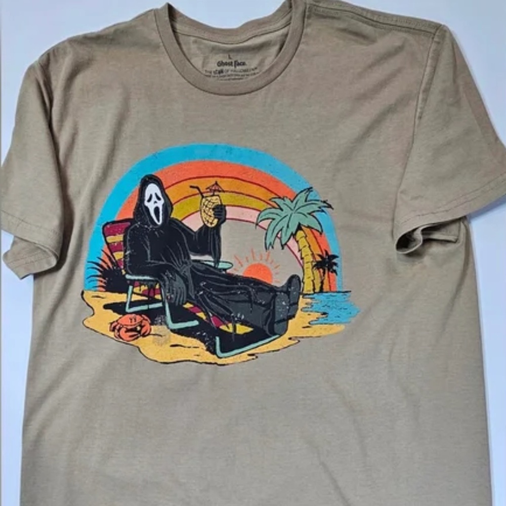 Ghost Face Shirt Mens XL Tan Short Sleeve Beach Graphic Horror Halloween Scream